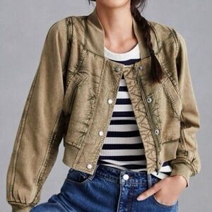 [S] Daily Practice Anthropologie Women's Tan Green Utility Bomber Crop Jacket